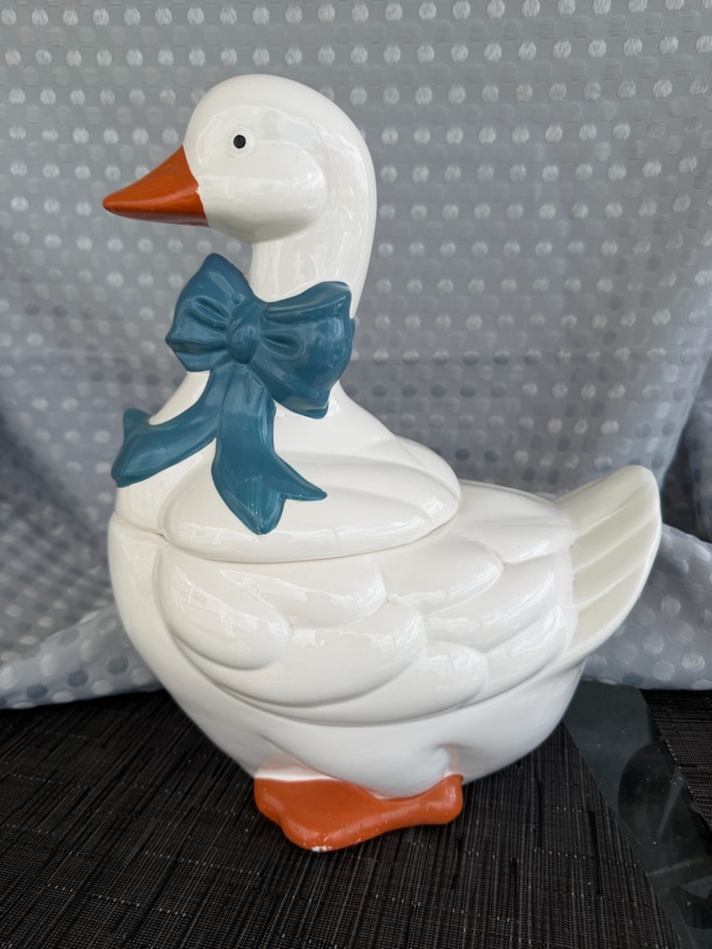 Vtg Mother Goose Ceramic Cookie Jar White/Blue Ribbon w/Orange Feet Cottage Core